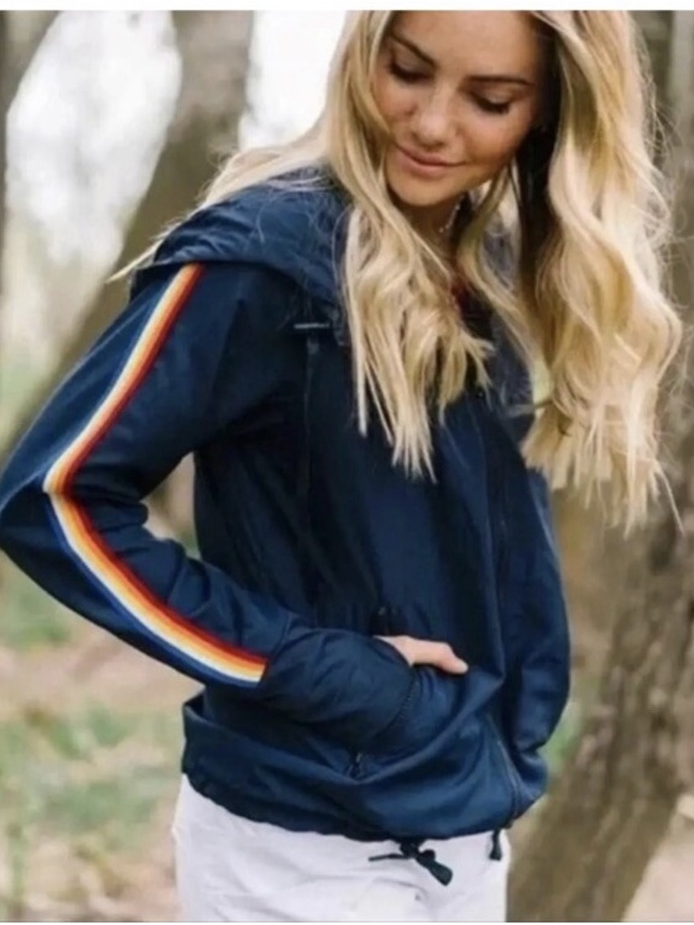 Zyia Active Women's Navy Rainbow Stripe Hooded Bomber Jacket Windbreaker